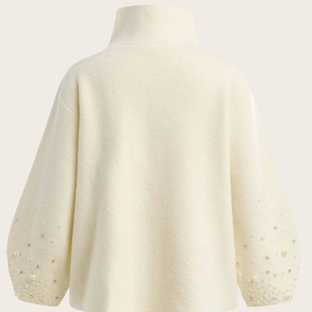 Cream Casual Women's Cardigan with Pearl & Rhinestone Details - Picture 9 of 11